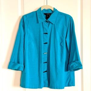Ali Miles Button Front 3/4 Sleeve Turquoise Blouse Petite Large Career Casual